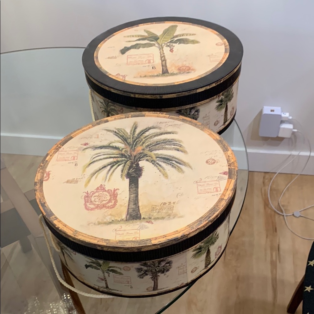 Palm Tree Decorative Storage Boxes / hat boxes. - Cream and Black